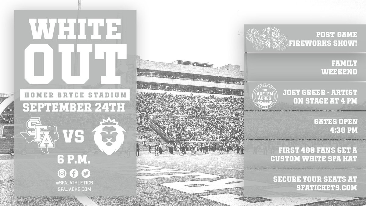 SFA_Football's tweet photo. 𝐘𝐎𝐔 𝐖𝐎𝐍'𝐓 𝐖𝐀𝐍𝐓 𝐓𝐎 𝐌𝐈𝐒𝐒 𝐓𝐇𝐈𝐒

📍 : First Home Game Of The 2022 Season
🥳 : Axe 'Em Acres Kickoff Ft. @joeygreermusic x ⏰ : 4:00 P.M.
🚪 : Gates Open @ 4:30 P.M.
🧢 : First 400 Fans Get A Custom White SFA Hat
🎟 : https://t.co/dTW6QUKNzb

#AxeEm x #RaiseTheAxe https://t.co/H8JlAuBsiw
