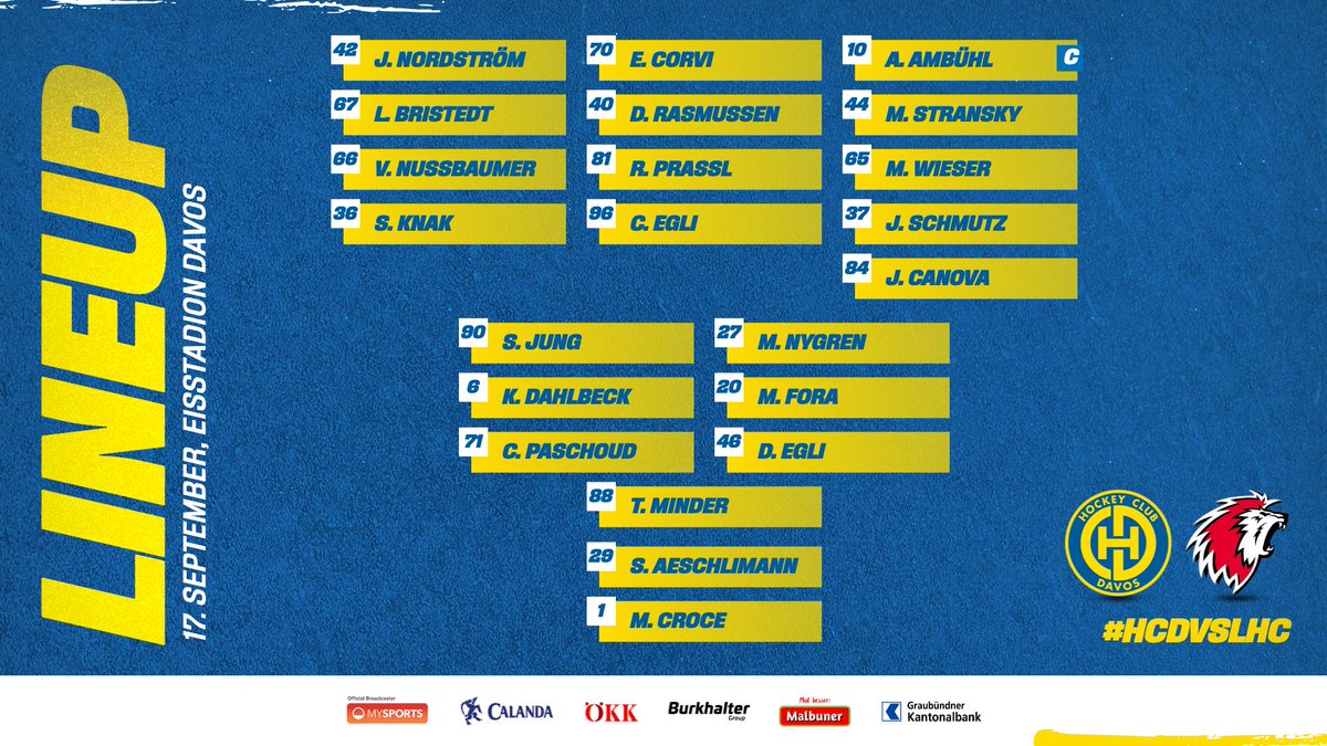 HCD_offiziell's tweet photo. 🚨 Game 2⃣🆚 @lausannehc 
 
Das 🔵🟡- #lineup gleich wie gestern - somit ohne #91Senn, #57Barandun, #93Frehner und #95Wellinger (alle 🤕).

📲 Ticker ab 19.44h: https://t.co/rUS8uUCivL
#HCDvsLHC https://t.co/QbDOldDqf2