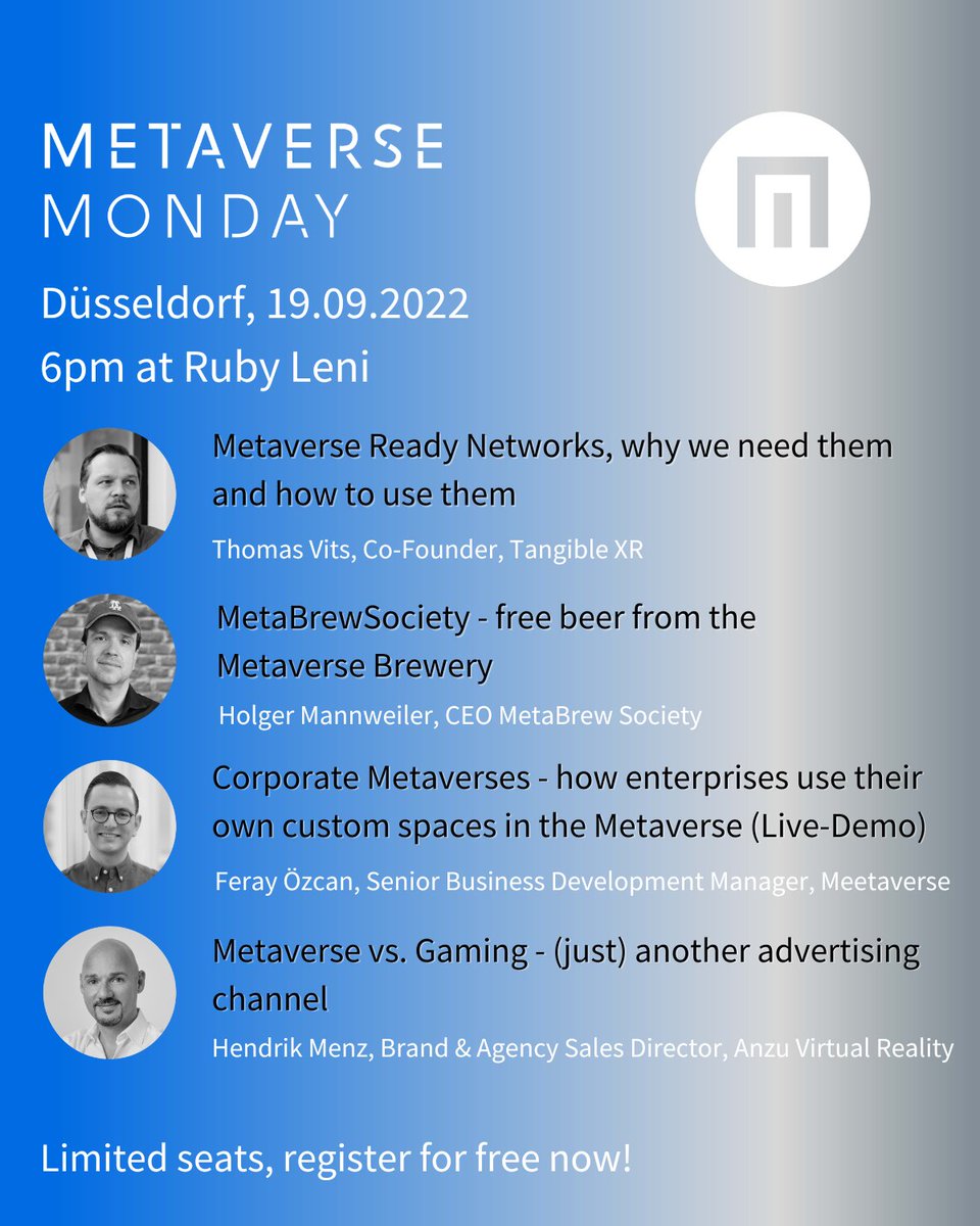 Meta_Monday's tweet photo. This Monday, 6pm in #Düsseldorf, we will kick-off the 2nd #Metaverse Monday! We have amazing speakers again. You can still register for free at https://t.co/wQvWclb8tq @offchainglobal @LocationInsider @BVDW #MetaverseMonday https://t.co/xw0Rs1Zven