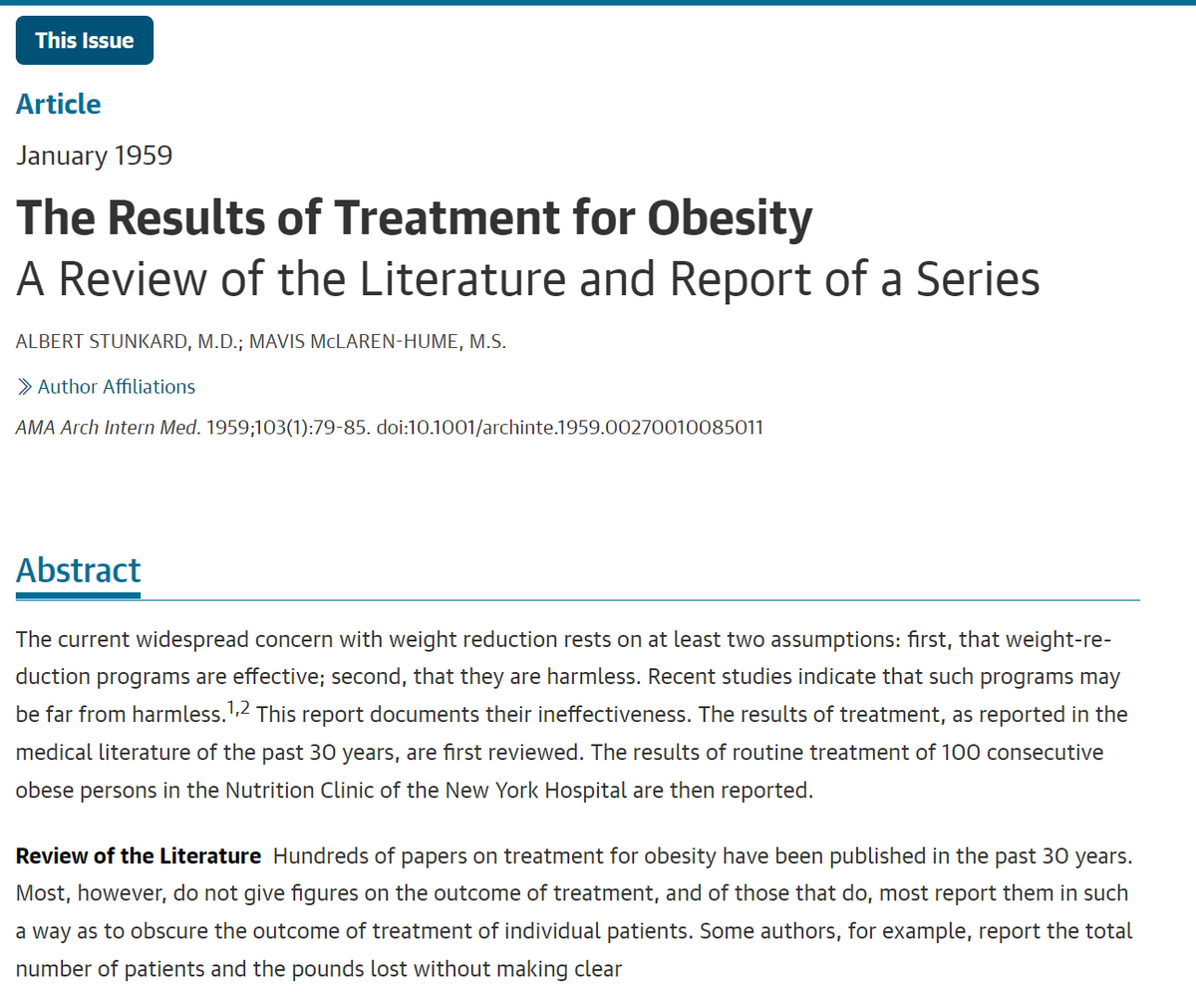 MichelleCardel's tweet photo. This week a slide was shared on Twitter from a researcher's presentation at a major conference stating, "Non-surgical weight loss efforts are UNsuccessful over 97% of the time." 

When asked the original research for that stat, a paper from 1959 was cited. 

1959. 😳

A thread: https://t.co/fbV30vZZGA