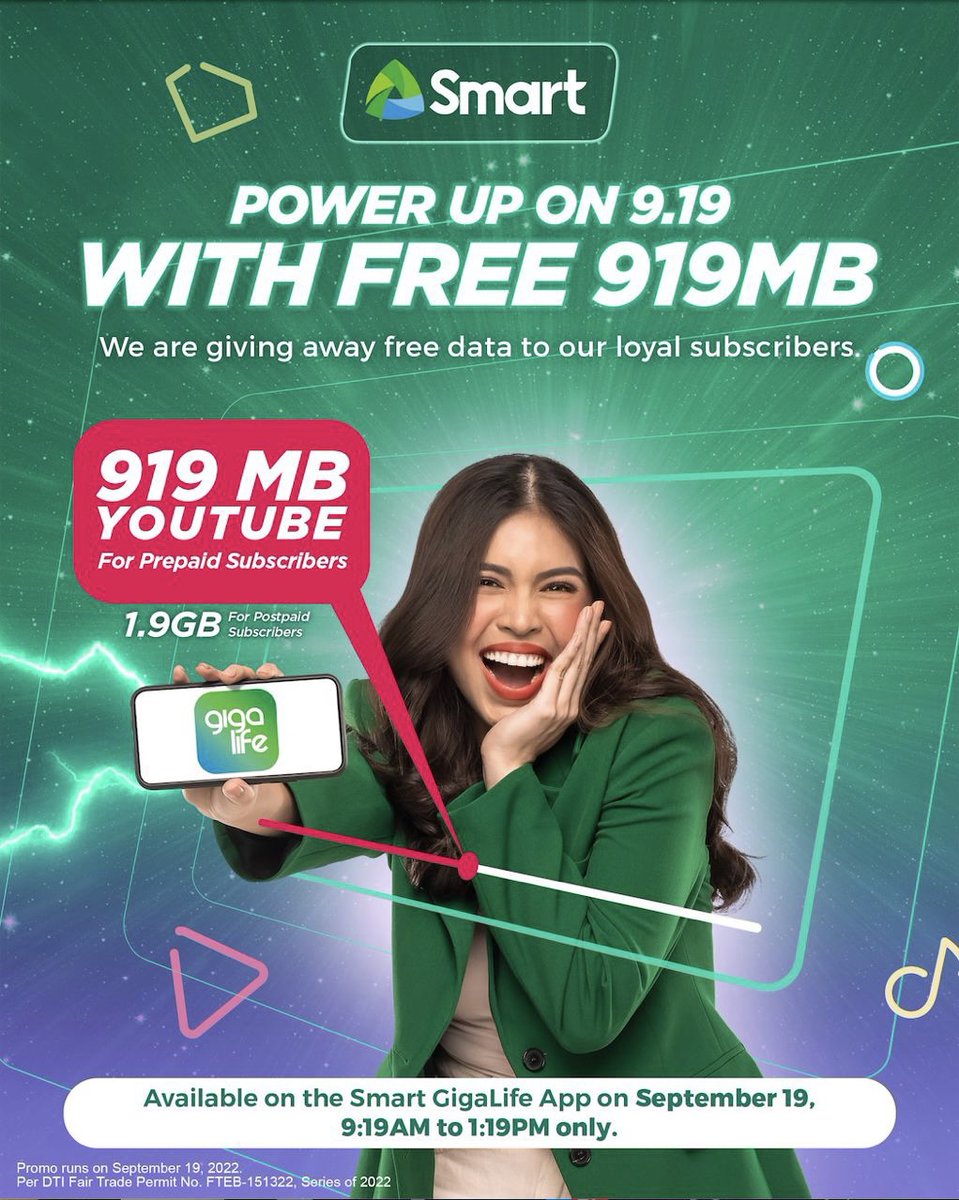 DungoCece's tweet photo. Log into yours Smart GigalLife App on Setember 19, from 9:19AM to 1:19PM to recieve 919MB for prepaid 1.9GB for postpaid subscriber! 🙌💚
#MaineForSmart
#PowerUpWithSmart
@mainedcm #MaineMendoza
💛💛💛💛💛💛💛💛💛💛💛💛 https://t.co/Mqu4DNTDAR