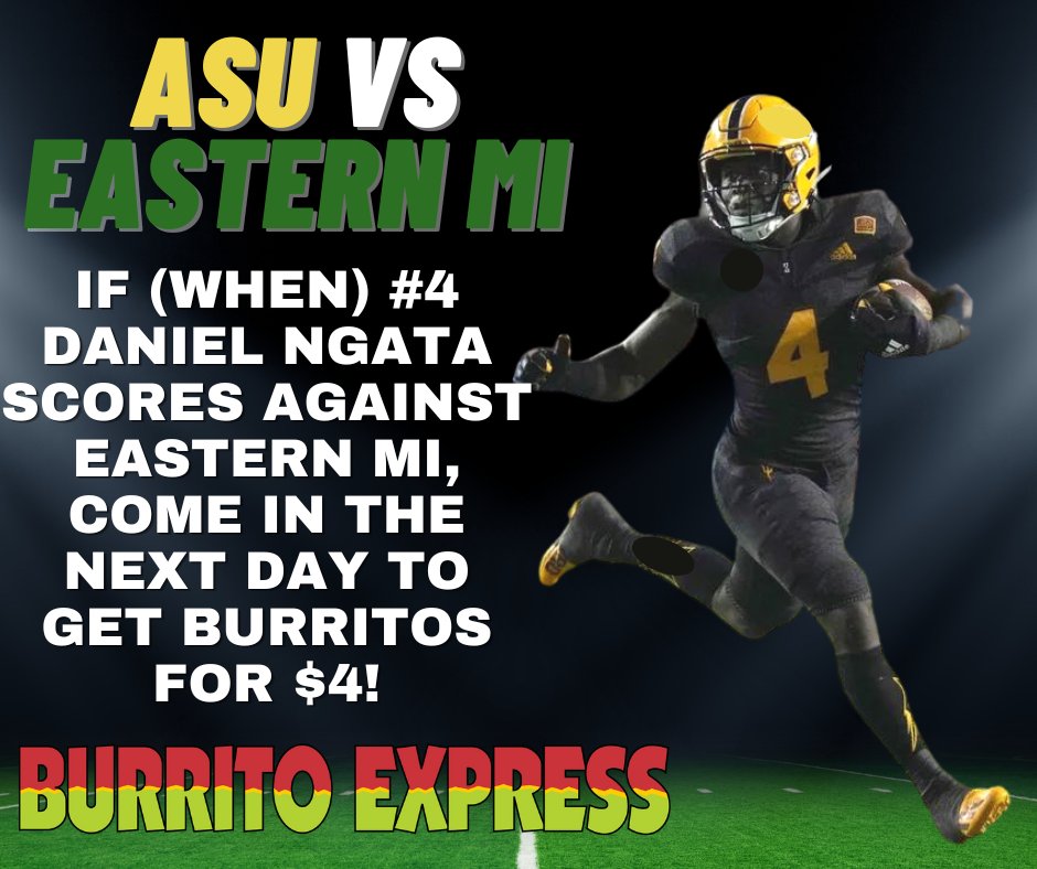 Burritoexp's tweet photo. If (When) Danyiel @dngata2 scores tonight, celebrate with $4 burritos tomorrow. Let's go ASU. We are so stoked.
#daniyelngata #burritoexpress #burritoexp #localmexicanfood #azfoodie #azfoodies #azfood #nefood #nefoodies #nefoodie #hangovercure https://t.co/jUWv1pd9gb