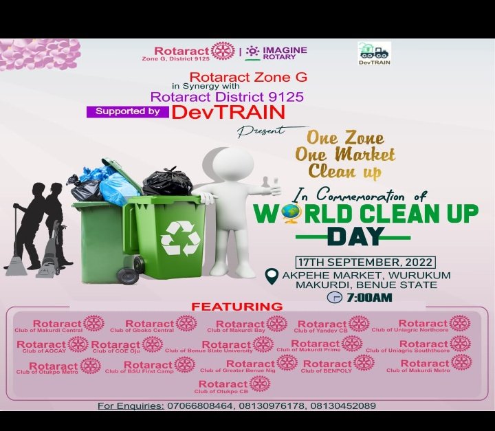 FDooshima's tweet photo. To celebrate World Clean Up Day 2022, Rotaract Zone G Partnered with DevTRAIN In synergy with @Rotaract9125NG to carryout out a 'One Zone, One Market Clean Up project" and I WAS THERE !!
#ImagineRotary
#RotaractZoneG
#RotaractD9125
#WorldCleanupDay
#OneZoneOneMarketCleanUp https://t.co/yxuoS2Bl2x