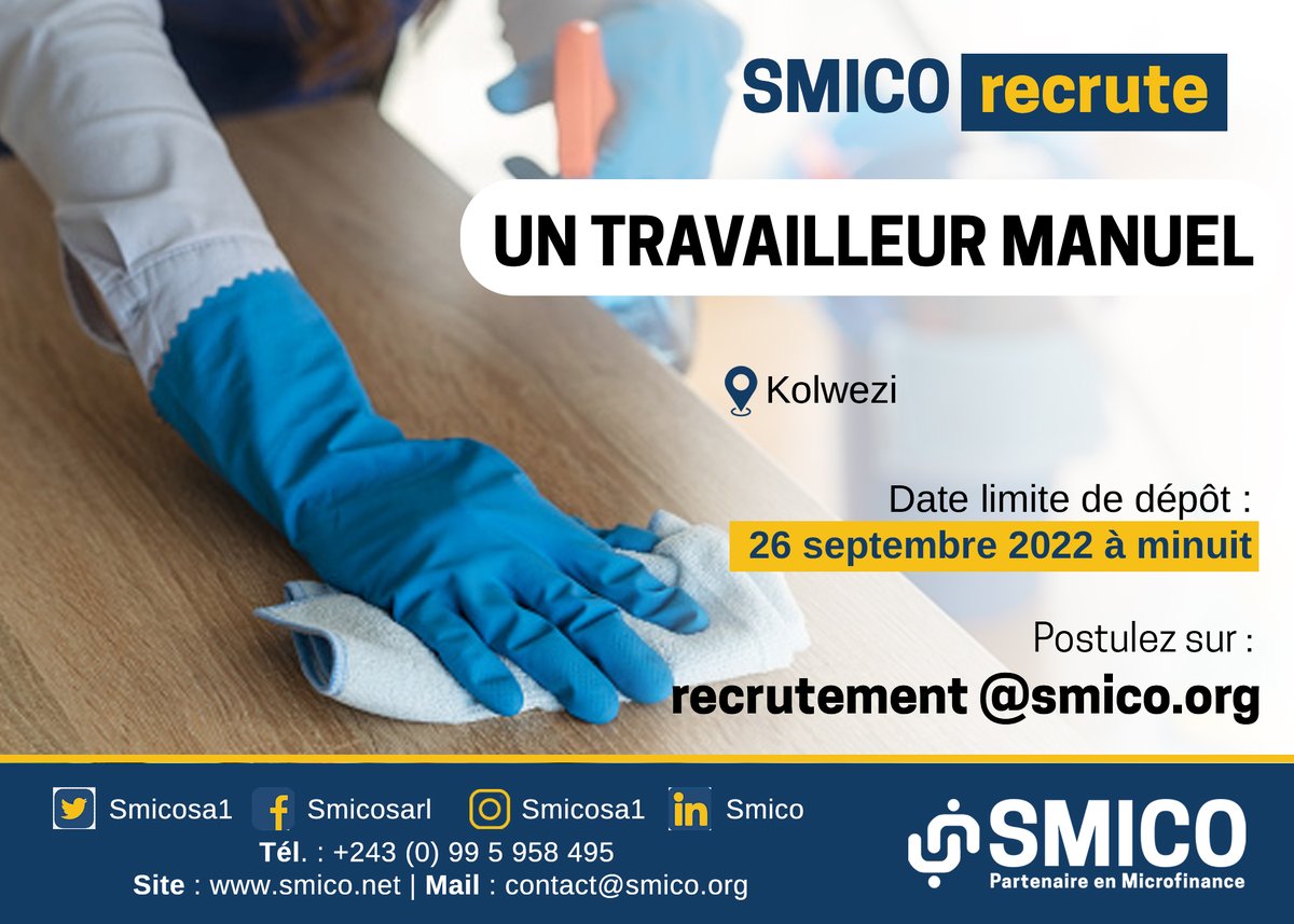 #Smico recrute 1 travailleur manuel pour sa nouvelle agence de #Kolwezi.

Téléchargez l'offre sur ce lien : smico.net/poste/46479/

Date Limite de dépôt de candidature: 26 septembre 2022 à Minuit.

Postulez sur: recrutement@smico.org