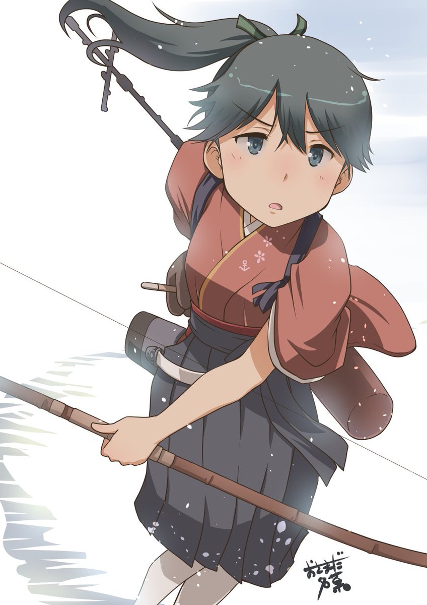 houshou (kancolle) 1girl solo ponytail weapon japanese clothes bow (weapon) skirt  illustration images