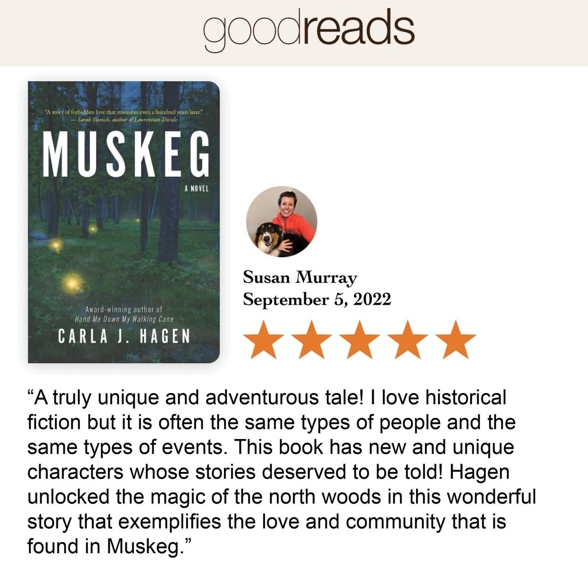 CarlaHagenBooks's tweet photo. If you loved MUSKEG, please consider writing a review on @goodreads. https://t.co/rtxhiYj6VN

And thank you, Susan, for the lovely review.

Buy #Muskeg https://t.co/igRLriG3q1
.
.
.
#BookReview #BookReviews #NewBook #Book #LakeOfTheWoods #Bog #Muskeg #MNAuthor #MinnesotaAuthor https://t.co/Oh2o4L9KId