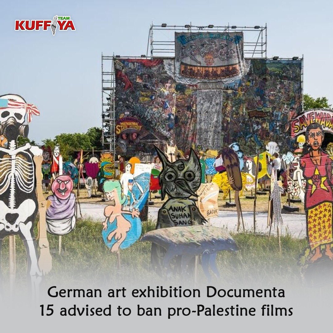 KuffiyaPlus's tweet photo. The advisory council at the German art exhibition, Documenta 15, has recommended censoring pro-Palestine films covering and exploring the tumultuous history of Palestine, saying that the films are pro-Palestinian propaganda and filled with antisemitic and anti-Zionist set pieces. https://t.co/AtkfdTDLOj