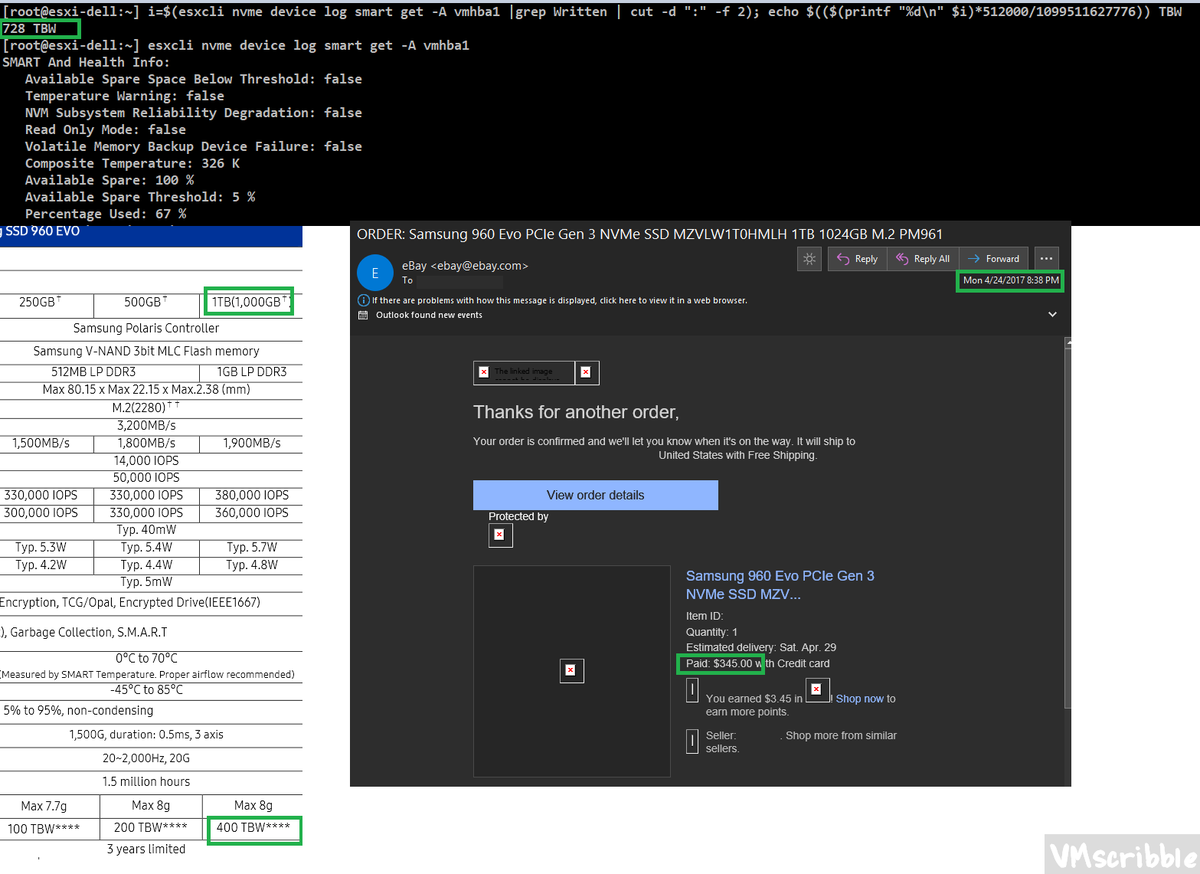 1TB Samsung PM961 M.2 NVMe PCIe SSD MZVLW1T0HMLH OEM version of the 960 EVO has 728 TBW since May 2017 on #ESXi, almost double the warranty spec of 400 TBW.  Paid $345 USD off eBay vs $479 new at the time. Not a victory lap jinx it to fail tomorrow.😬