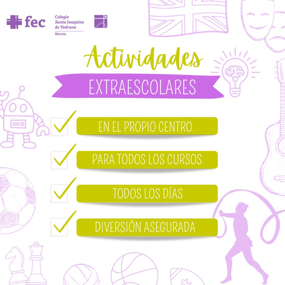 fecsjvmu's tweet photo. 🏀♟️🧑🎨💡🏐🎸¡Llegan nuestras actividades extraescolares! 🇬🇧⚽️🩰👨🍳🤖 #Extraescolares #Talentopropio #InteligenciasMúltiples #Innovaciónpedagógica #ColegiosFEC #Concriterio #SentidoCrítico #Megustamicole #Vueltaalcole #Murcia https://t.co/WUm0VmR8wC