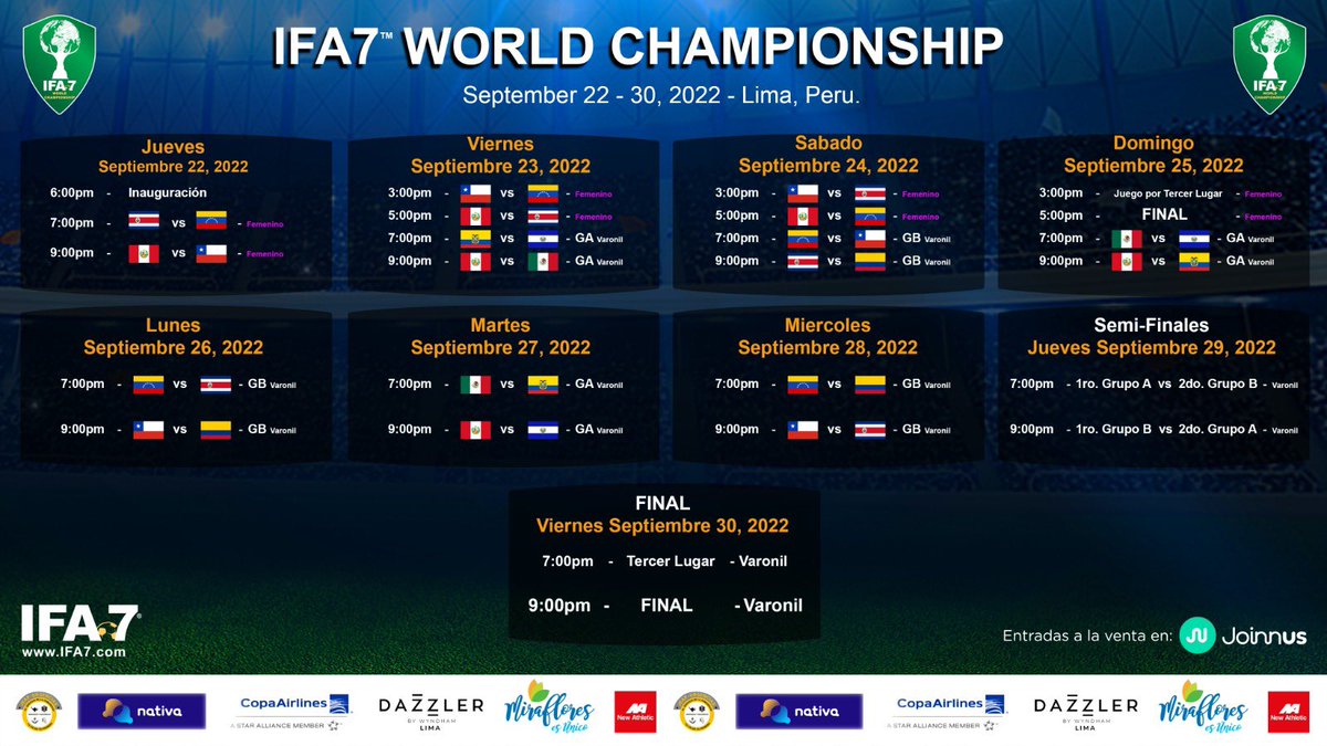 Football7IFA's tweet photo. Este es el Calendario de la 𝐈𝐅𝐀𝟕™ 𝐶𝑜𝑝𝑎 𝑀𝑢𝑛𝑑𝑖𝑎𝑙 𝟐𝟎𝟐𝟐 - 𝐿𝑖𝑚𝑎, 𝑃𝑒𝑟𝑢́. Acompañados en transmisión exclusiva por Nativa.
Para compra tus entradas en; https://t.co/ZM4jqDM96F
#IFA7 #worldchampionship #lima #peru @nativanosconecta https://t.co/KMqfobXLcI