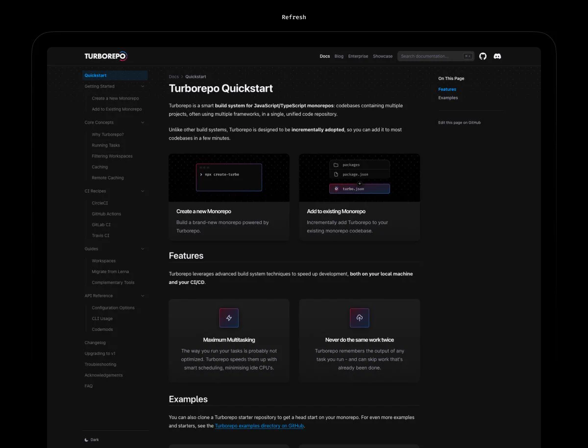 Mockup of the redesigned quickstart section from Turborepo's documentation.