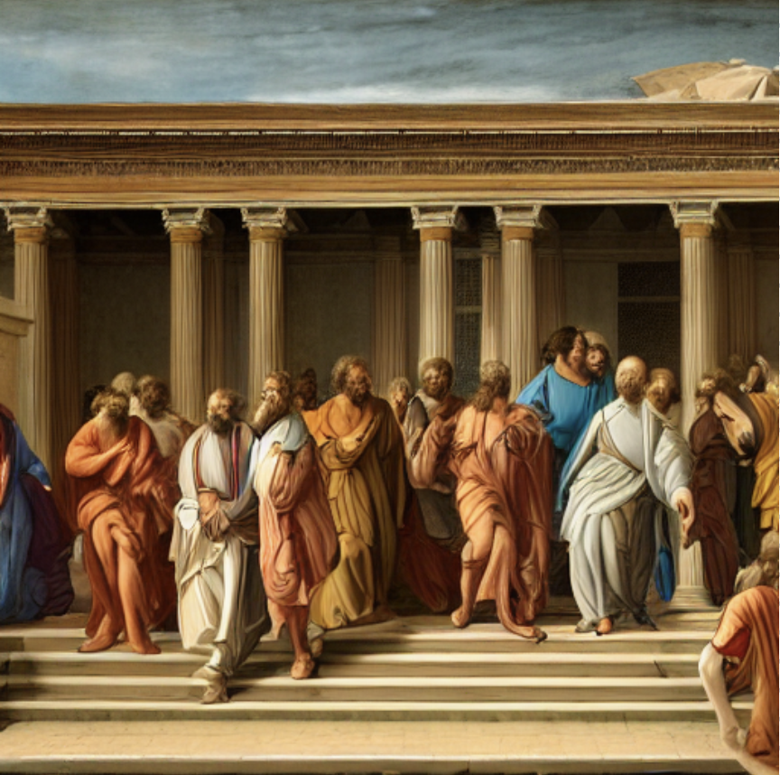 A photorealistic of The Lyceum of Aristotle, walking with the peripatetics and talking about Philosophy, photograph, 8K ultra-realism, highly detailed, high definition