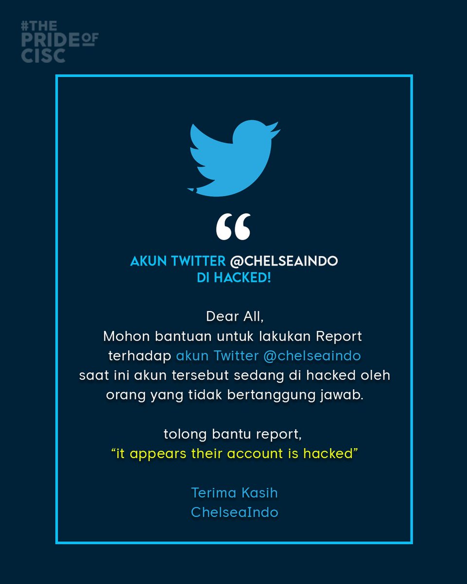 CISC CIKARANG (@cisccikarang) on Twitter photo dimohon bantuannya untuk melakukan report terhadap akun <a href="/chelseaindo/">@chelseaindo</a> , karna akun tersebut sedang dihack dimohon bantuannya untuk melakukan report terhadap akun <a href="/chelseaindo/">@chelseaindo</a> , karna akun tersebut sedang dihack