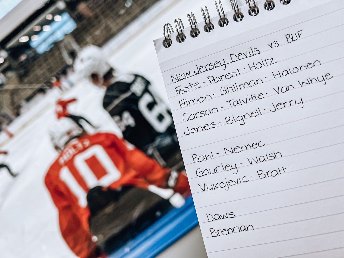 Here’s your #NJDevils lineup from morning skate today, before taking on Buffalo. 

🔹Nemec moves up 
🔸Filip Bratt’s debut
🔹Parent moves up
🥅 Daws