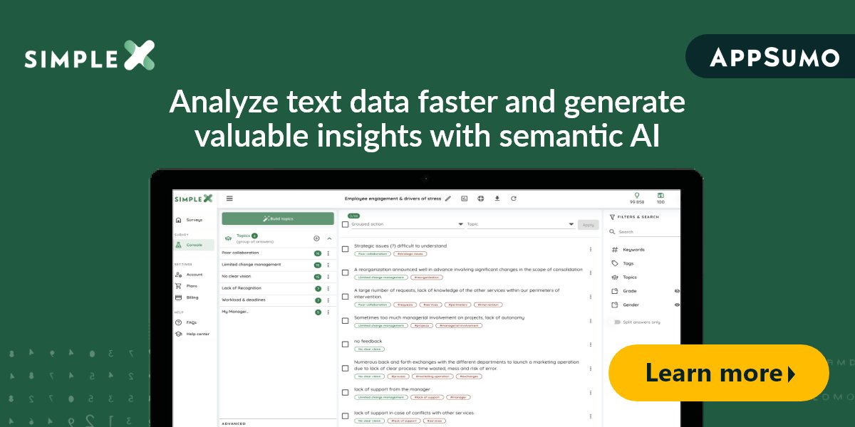 💥Analyze text data faster and generate valuable insights with semantic AI
👉 Check this out: appsumo.8odi.net/Simplex
✅ Best for Consultants, Marketers, Marketing agencies

#Entrepreneur #NoCode #automation #businesstips #BusinessMan #Artificial_Intelligence #DigitalMarketing