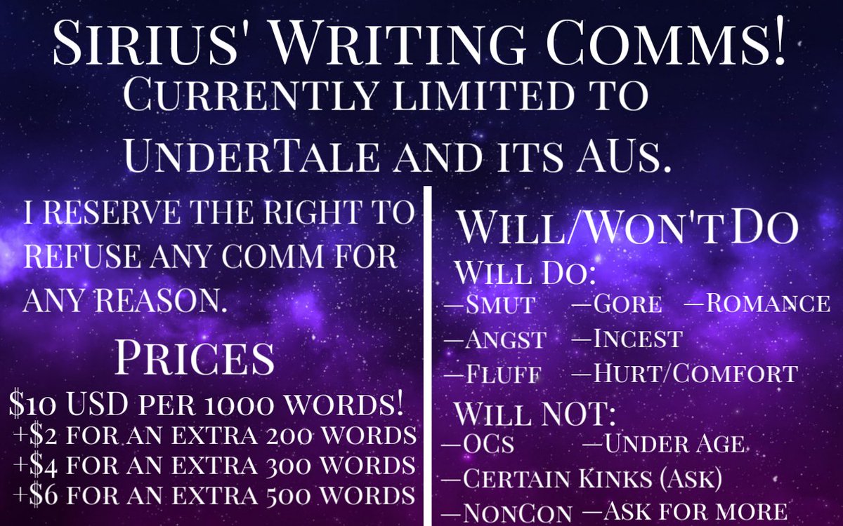 SleepyStarSiri's tweet photo. My Writing Comms are OPEN!

♡ DM for a slot, or if you have any questions ♡

(The rest of this thread is just links to threads and my 'About Me') https://t.co/hbdWqPYsYT