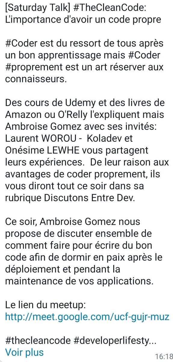 gojanda325's tweet image. Discuttons entre dev ce soir à 21h GMT sur le thème comment faire pour écrire du bon code .
Liens Google meet :
meet.google.com/ucf-gujr-muz

#thecleancode #developerlifestyle #pythonbenin  #bestpyguys #bestpyladies