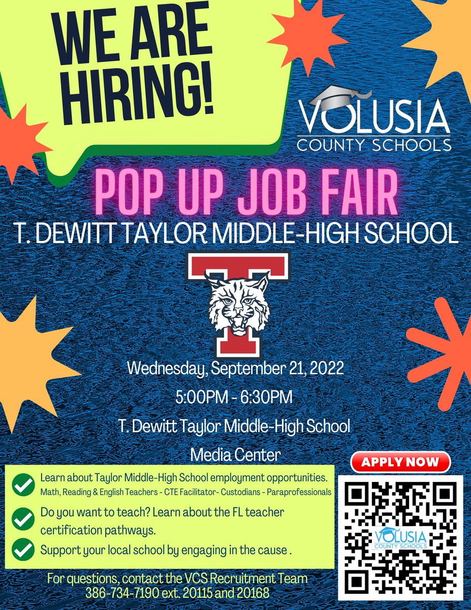 Volusia Recruits (@volusiarecruits) on Twitter photo 💥ARE YOU SEARCHING FOR A JOB?💥
🚚The next stop on the <a href="/volusiaschools/">Volusia County Schools</a> "Pop-Up" Job Fair tour is <a href="/TMHSWildcats/">Taylor Middle-High</a> School next Wed (9/21) from 5:00-6:30PM in the media center! Taylor M/H and VCS departments will be #HIRING on the spot! <a href="/Jpearce858/">Jonathan Pearce</a>
✅APPLY: bit.ly/VCSApplication… 💥ARE YOU SEARCHING FOR A JOB?💥
🚚The next stop on the <a href="/volusiaschools/">Volusia County Schools</a> "Pop-Up" Job Fair tour is <a href="/TMHSWildcats/">Taylor Middle-High</a> School next Wed (9/21) from 5:00-6:30PM in the media center! Taylor M/H and VCS departments will be #HIRING on the spot! <a href="/Jpearce858/">Jonathan Pearce</a>
✅APPLY: bit.ly/VCSApplication…