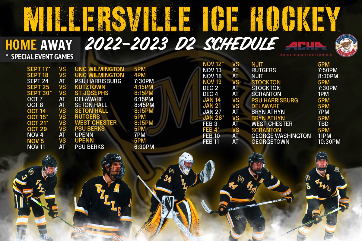 villehockeyD2's tweet photo. The Official Millersville Ice Hockey D2 Schedule for the 2022-23 season!! 👏🏒😤 https://t.co/E8I75jOKt7