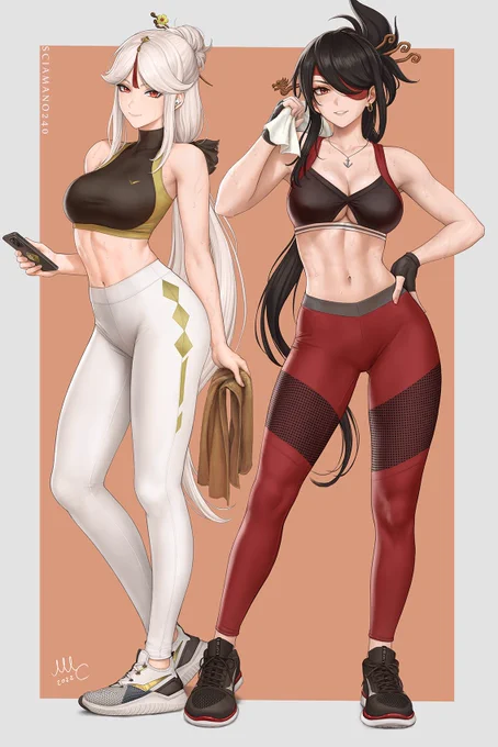 Ningguang and Beidou from Genshin Impact, in gym wear. Continuing the gym series. 