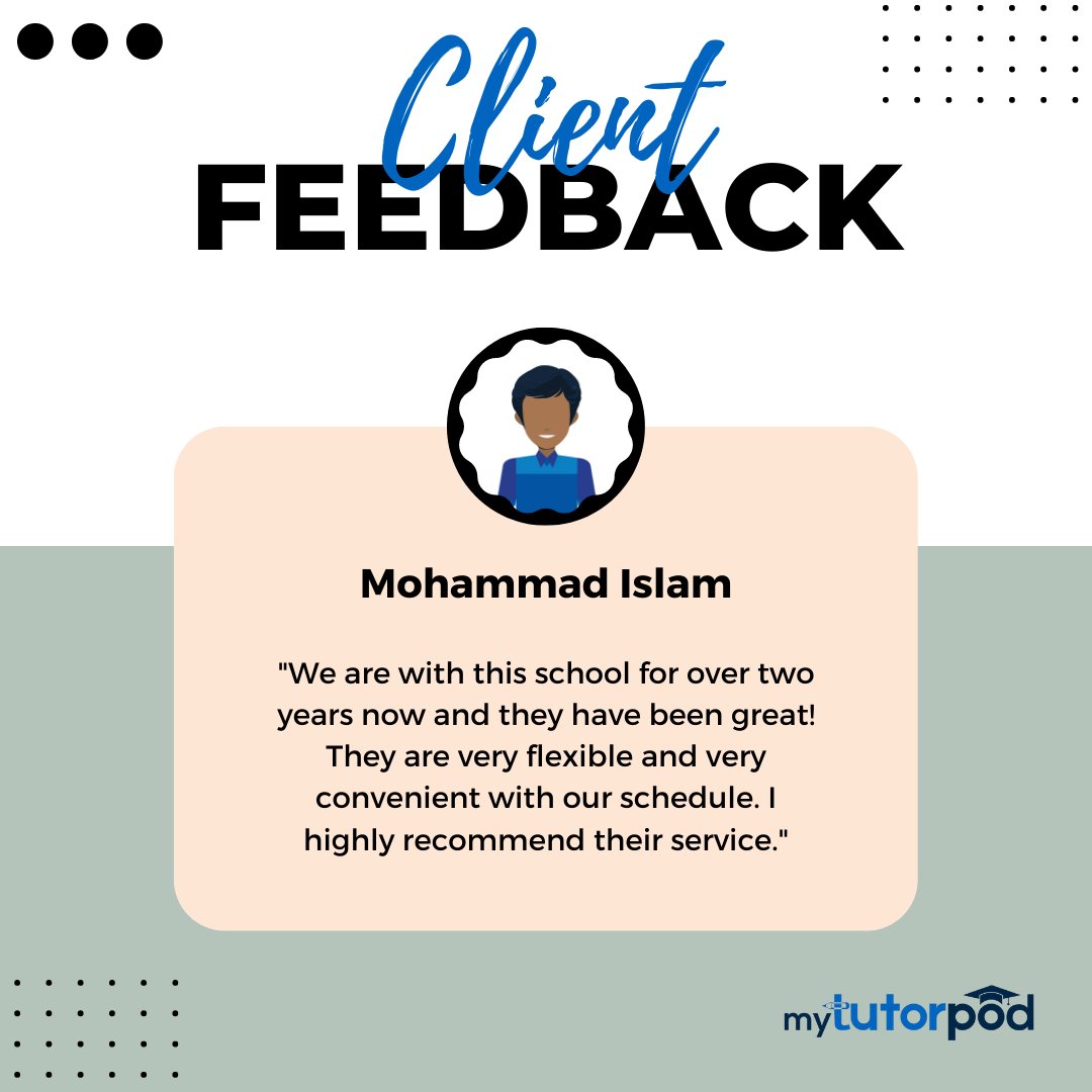 Happy Client!

Have a look at what Mohammad Islam has to say about us! 

It is the constant support of our clients that has kept us going till now!

#MyTutorPod #OnlineEducationPlatform #OnlineLearning #QualityEducation #QualifiedTeachers #ClientDiaries #HappyClient #Reviews