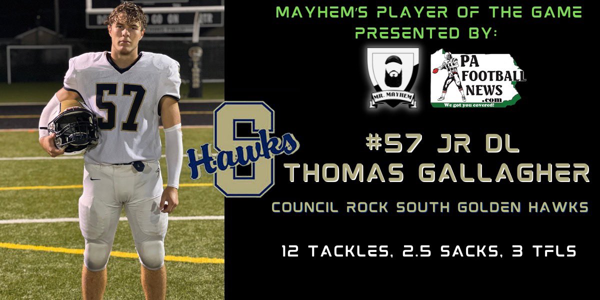 Michael Pietrangelo (@artisticmayhem1) on Twitter photo Player of the Game: <a href="/ChaseEnnis22/">Chase Ennis</a> 9-15 for 124 yds 1TD passing & 7-53 on the ground. honorable mention goes to defensive standout <a href="/TG3_05/">Thomas</a> as he was all over the field last night & had 2.5 sacks & 3 TFL s to go along with a dozen tackles. <a href="/PaFootballNews/">Pennsylvania Football News</a>
@crsfootball Player of the Game: <a href="/ChaseEnnis22/">Chase Ennis</a> 9-15 for 124 yds 1TD passing & 7-53 on the ground. honorable mention goes to defensive standout <a href="/TG3_05/">Thomas</a> as he was all over the field last night & had 2.5 sacks & 3 TFL s to go along with a dozen tackles. <a href="/PaFootballNews/">Pennsylvania Football News</a>
@crsfootball