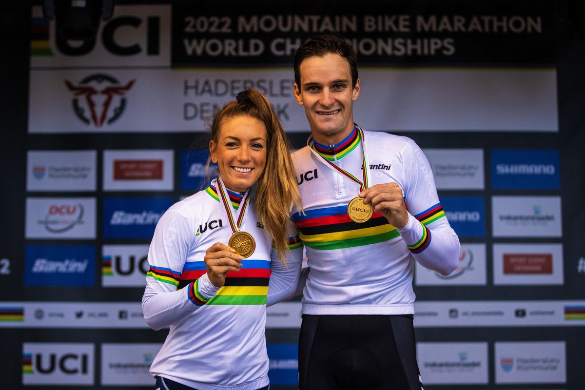 UCI_MTB's tweet photo. Your 2022 UCI MTB Marathon World Champions 🌈
@FERRANDPREVOT and Sam Gaze 🇳🇿
#Haderslev2022 https://t.co/zAgUuCyjFx