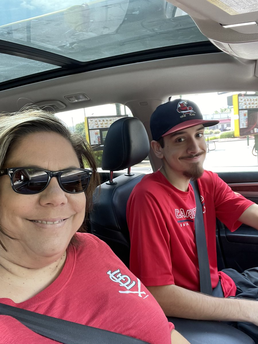 On the way to Eric’s birthday weekend at Busch Stadium — without Eric. 🙈