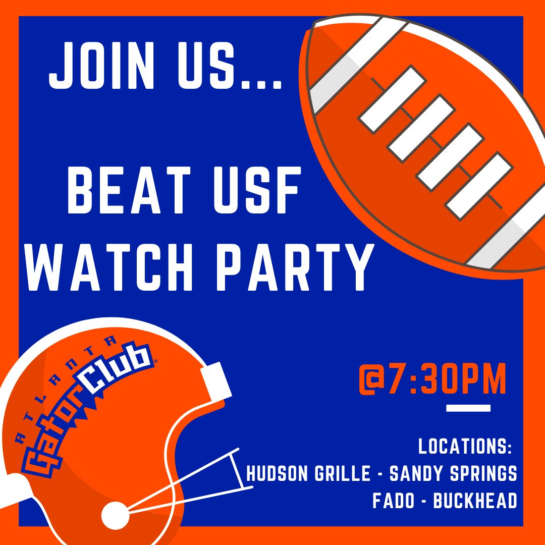 atlgatorclub's tweet photo. Hey Gators! Today, we're cheering on our Gators for a win and taking no bull in the process! Join us tonight at 7:30 pm at Hudson Grille and Fado as we take on USF. We hope to see you all tonight!

#GoGators #BeatUSF #AtlantaGatorClub https://t.co/4N66g22ofE