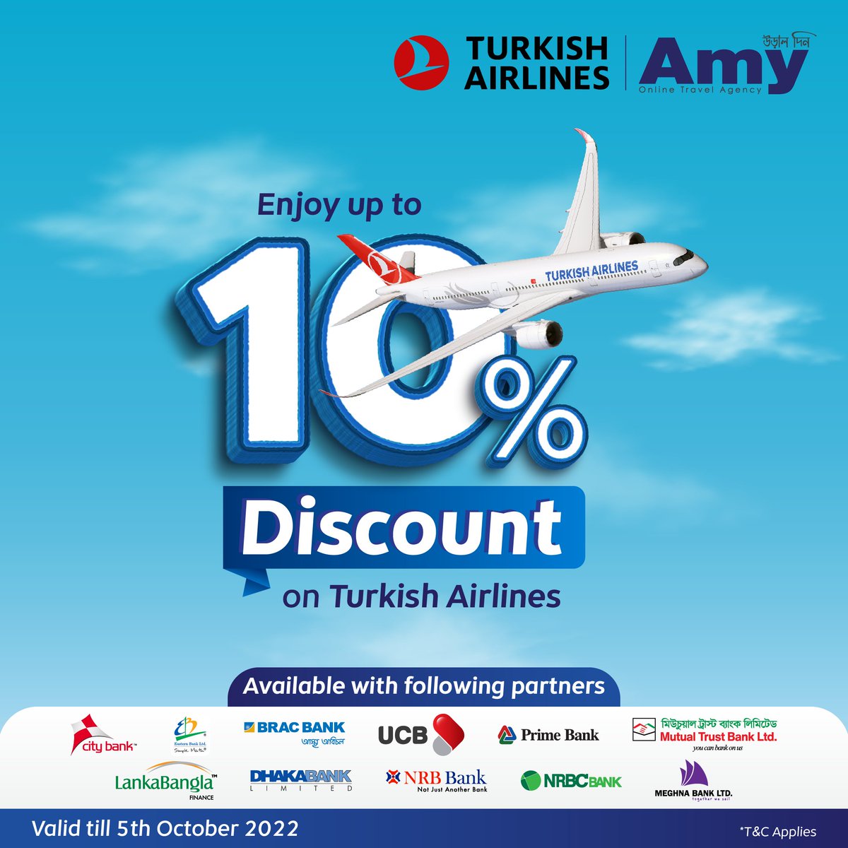 amybefresh's tweet photo. Book @TurkishAirlines Flights with Amy | Save up to 10% on flight bookings by making payments with our selected payment partners. This offer is valid till 5th October 2022.

#amybd #turkishairlines #onlinetravelagency #travelapp #airticket #domestic #international #flights #deals https://t.co/ztUuGARWcK