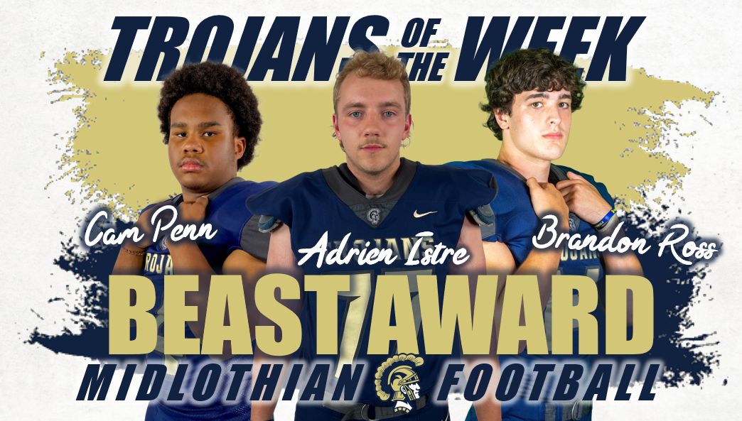 Midlothian Football (@midlotrojansfb) on Twitter photo This week's #BEASTAWARD goes to the front 3 D-linemen! These men get the job done on Friday nights! Congrats <a href="/adrien_istre/">adrien_burley</a> @CameronPenn10 <a href="/Brandon_Ross11/">Brandon Ross 2024</a> #Trojans #Greater #SetTheStandard This week's #BEASTAWARD goes to the front 3 D-linemen! These men get the job done on Friday nights! Congrats <a href="/adrien_istre/">adrien_burley</a> @CameronPenn10 <a href="/Brandon_Ross11/">Brandon Ross 2024</a> #Trojans #Greater #SetTheStandard
