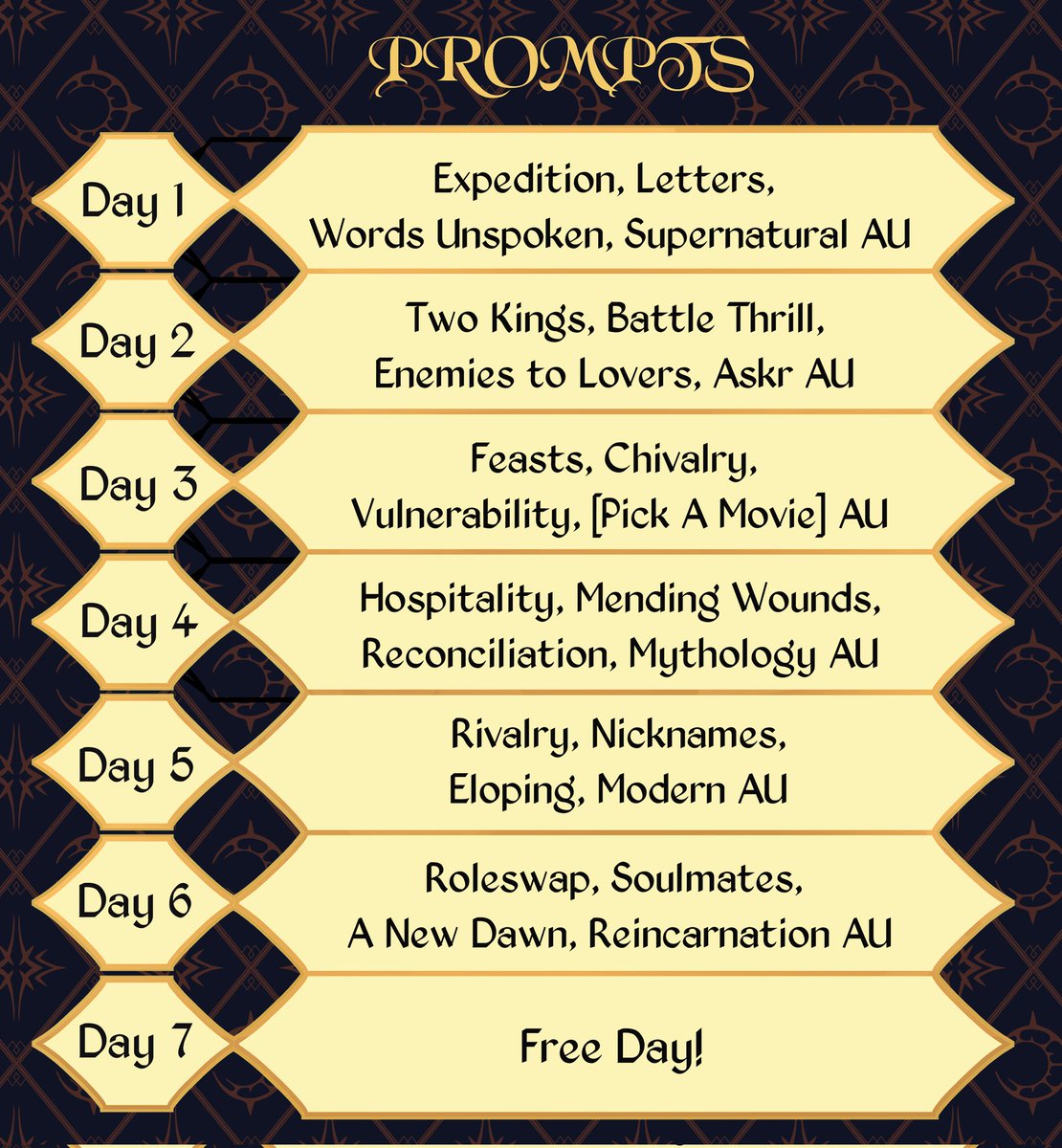dmcl_hub's tweet photo. DimiClaude Week 2022 will be held on Nov. 28th-Dec 4th! 💙🦁💛🦌

Our Prompts are listed below; and remember to use #dmclweek2022 when posting your works.

Guidelines, Carrd, AO3 Collection link, and a text ver. of the prompts can all be found in the replies. ✨️ https://t.co/EIzkgsUX4k