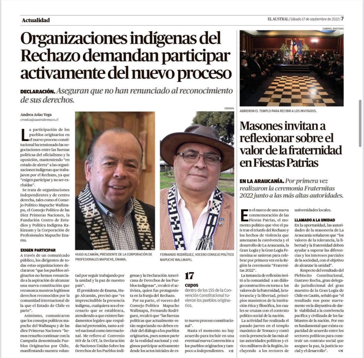 “Organizaciones indígenas del Rechazo demandan participar activamente del nuevo proceso” Lee aquí parte de la entrevista a nuestro Presidente Nacional <a href="/HugoAlcamanRifo/">Hugo Alcamàn Riffo</a> en el Diario Austral de Temuco.