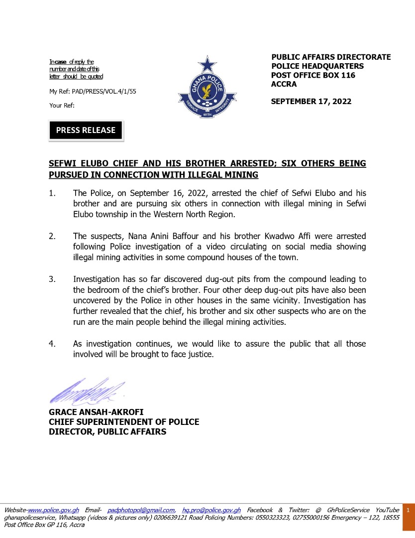 GhPoliceService's tweet photo. SEFWI ELLUBO CHIEF AND HIS BROTHER ARRESTED; SIX OTHERS BEING PURSUED IN CONNECTION WITH ILLEGAL MINING https://t.co/nm7xE7FHXB