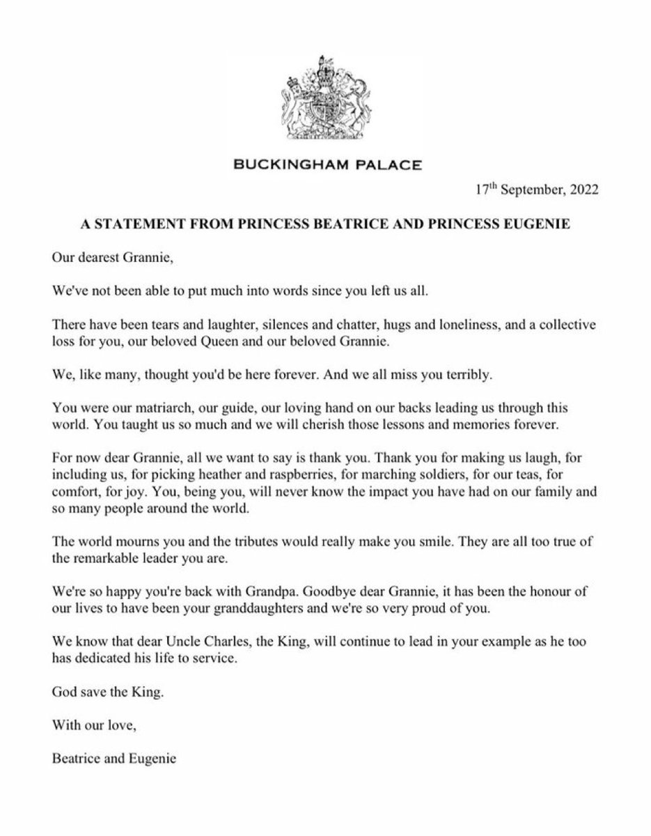piersmorgan's tweet photo. Lovely heartfelt statement about the Queen from Princesses Beatrice &amp; Eugenie. 👇👇 https://t.co/AmnEoPuLm7