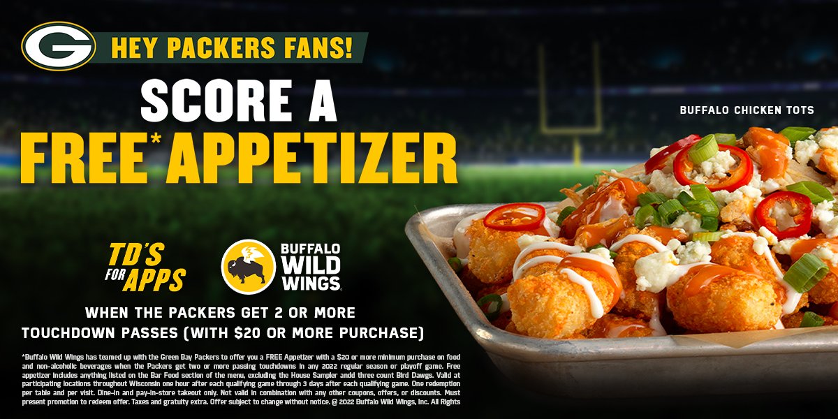 Hey #Packers fans, score a free appetizer when the green &amp; gold get 2 or more touchdown passes! 🏈

➡️ packers.com/fans/bww
