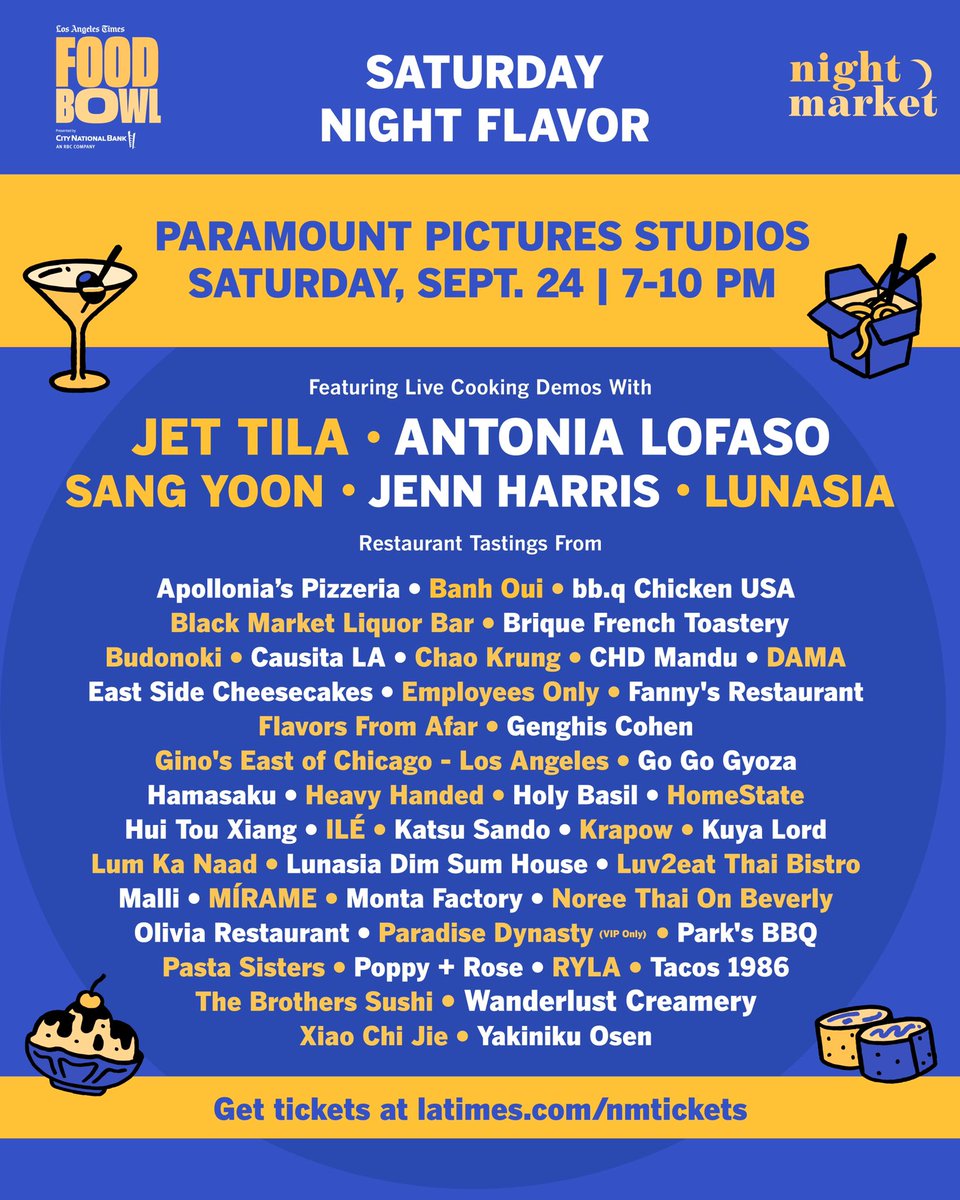 From Thai Town to Little Ethiopia to the San Gabriel Valley, the diverse flavors of #LA are the heartbeat of our city. 🍜🌶️🥘 One week from tonight, #NightMarket invites you to sample a smorgasbord of global cuisines.

Use code BUNDLE for extra savings! lafoodbowl.com/nmtickets