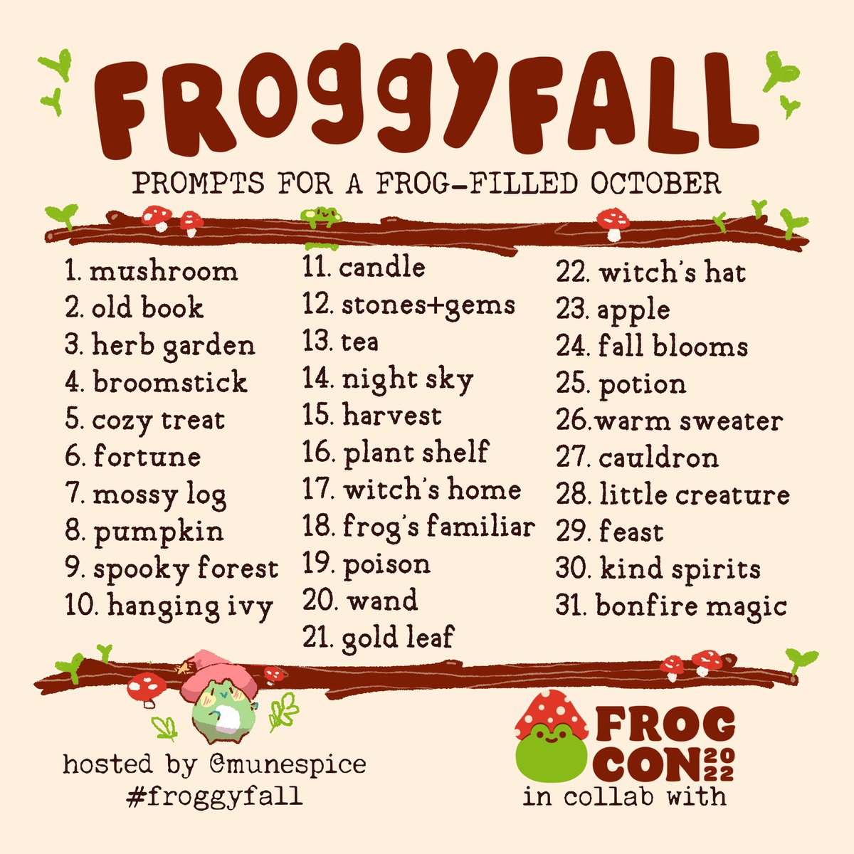 munespice's tweet photo. I’m so ready for a #froggyfall! This will be a frog themed daily prompt list for the month of October because who doesn’t love a good little round friend to help celebrate the changing of seasons?? 🐸🌿 Info ⬇️✨ https://t.co/cc8x6s4oWM