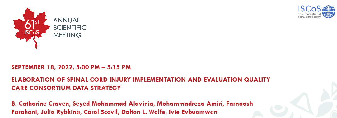 Presentation alert <a href="/ISCoSmeetings/">ISCoS Meetings</a>‼️  Join presentation 11 @ 3:45pm today to learn about the elaboration of the SCI Quality Care Consortium Data Strategy👩‍💼 – Presented by our very own <a href="/RexaAmiri/">Reza</a> <a href="/DrCathyCraven/">Cathy Craven</a> <a href="/MohammadAlavin1/">Mohammad Alavinia</a> <a href="/SCIIEQCC/">SCI Quality Care Consortium</a> #ISCoS2022