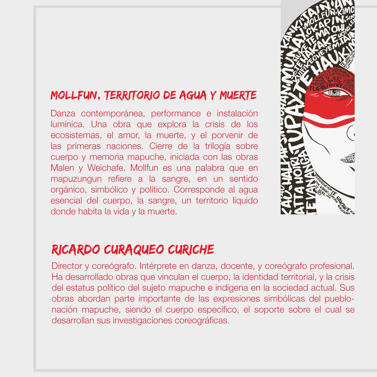 IdentidadesFest's tweet photo. El gran coreógrafo Ricardo Curaqueo será parte de #IdentidadesFestival con "Mollfun, territorio de agua y muerte”, obra que cierra la trilogía sobre cuerpo y memoria mapuche. 

📌Coordenadas:
🗓Sábado 08 de octubre, 21 hrs. 
📍Anfiteatro @RuinasHuanchaca https://t.co/ZrnUip2jWK