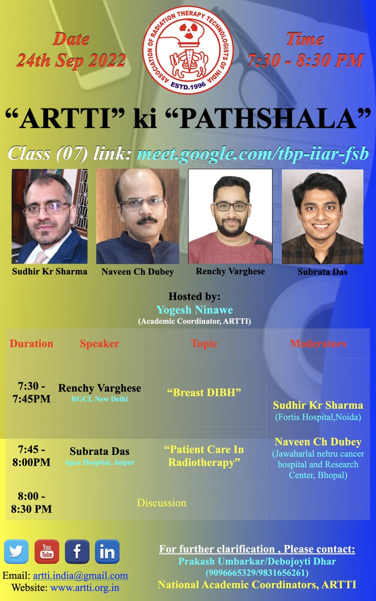 arttindia's tweet photo. "ARTTI ki PATHSHALA" - CLASS 7
Saturday, September 24 · 7:30 – 8:30pm
Google Meet joining info
Video call link: https://t.co/qPVm5ph2c2

Thank you  
With regards 
ARTTI  
Prakash Umbarkar &amp; Debojoyti Dhar 
(9096665329/ 9831656261 )  
National Academic Coordinators, ARTTI https://t.co/SG92gVbNqa