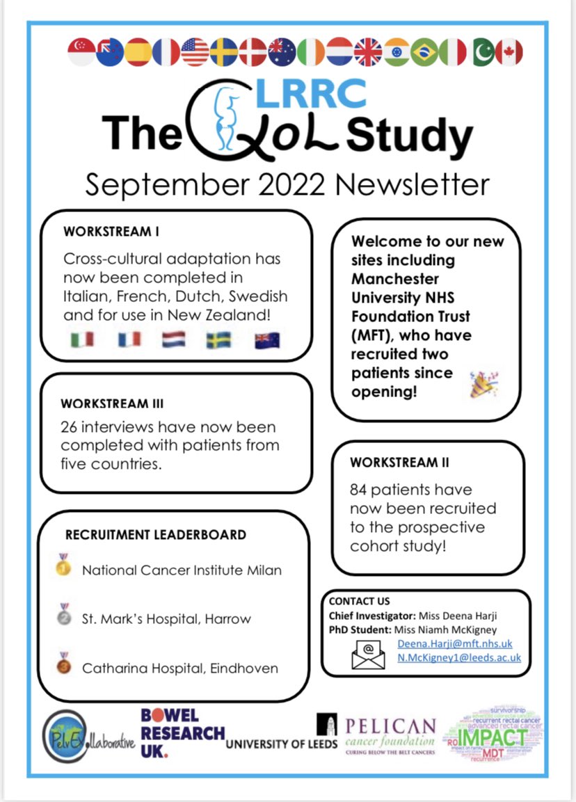 September 2022 Newsletter for the #LRRCQoL study is now live! 

Welcome to new sites including @MFTnhs @DeenaHarji @bengriffiths73 @Ben_Hornung @nickstylianides who have recruited 2 patients since opening!