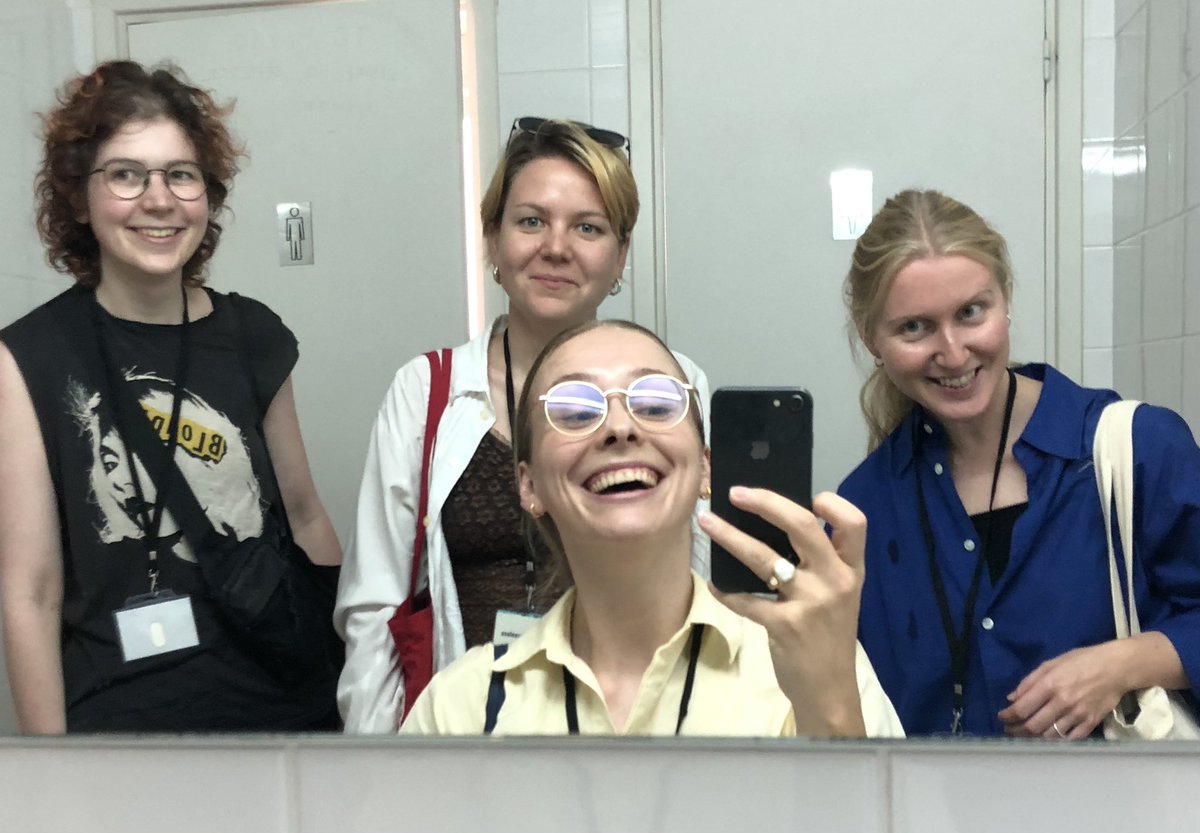 A traditional bathroom conference selfie of four happy inspired faces after excellent days at the #EFM2022Conference in Athens🕺🏼