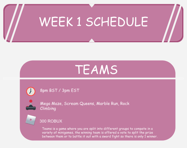 Minigames schedule week 1 - 300 robux available for the winner. Make sure to show up at 8pm BST / 3pm EST. The links will be posted here and on our socials. #roblox #robux