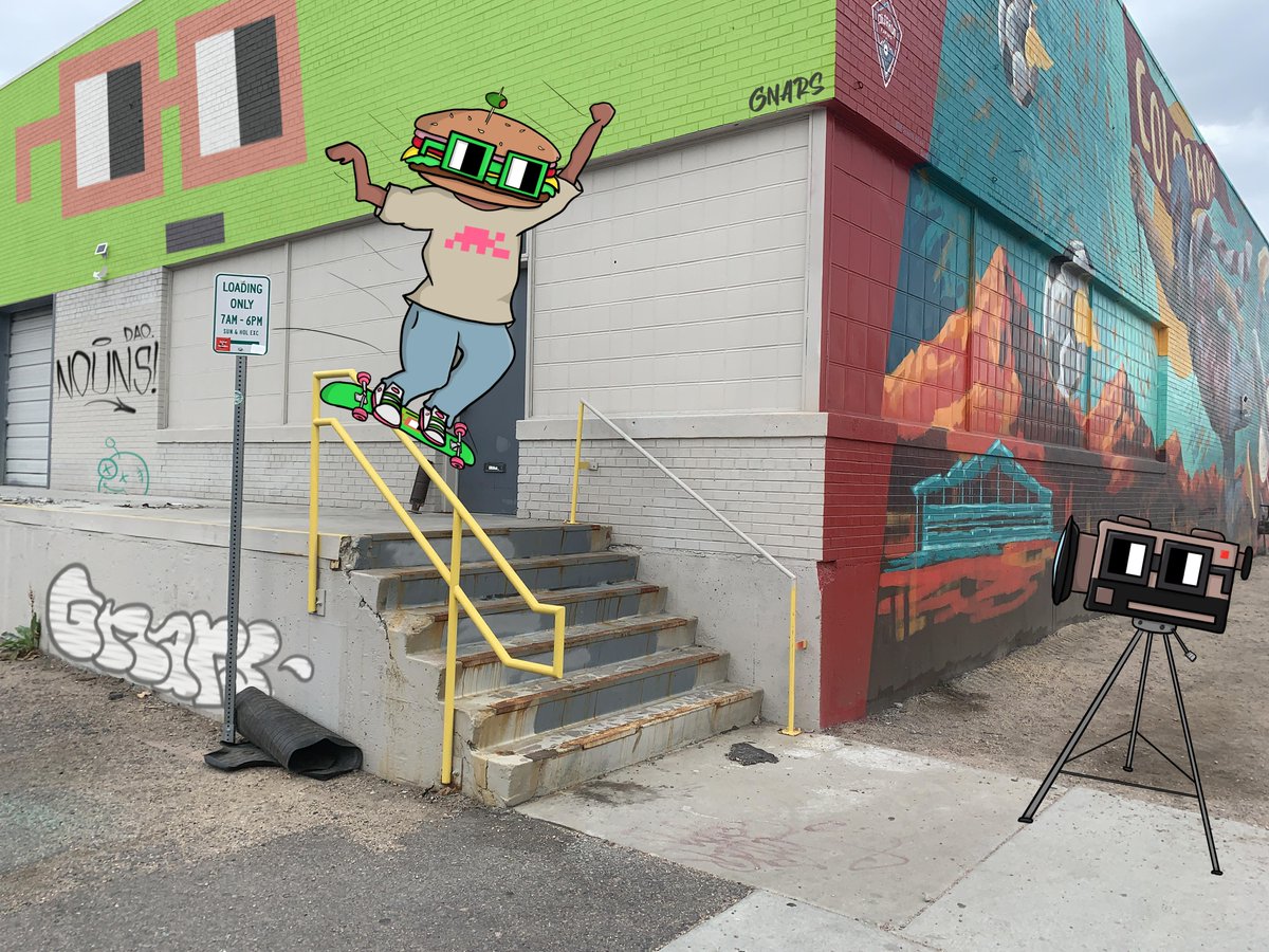 Gnar 1221 hitting the darkslide down a rail in the Denver art district! #ExtremelyNounish🤘