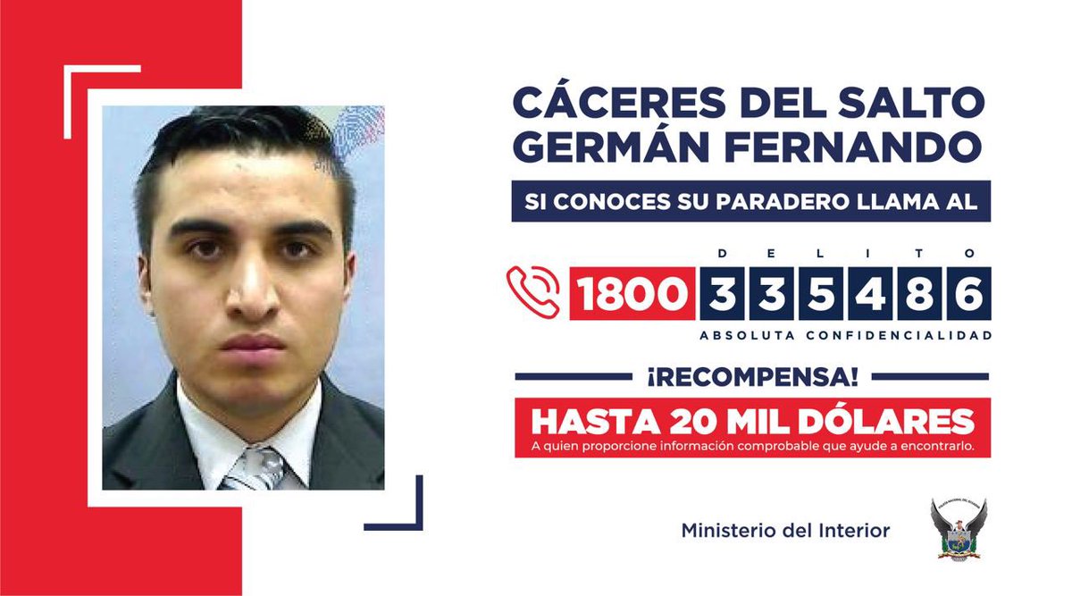 🚨Si conoces el paradero de CÁCERES DEL SALTO GERMÁN FERNANDO, comunícate al 1800 DELITO (335486).

Recompensa de hasta $ 20 000 por información real que ayude a encontrarlo. #CeroImpunidad

No vamos a descansar hasta esclarecer el caso de María Belén.
#UnidosContraLosViolentos.