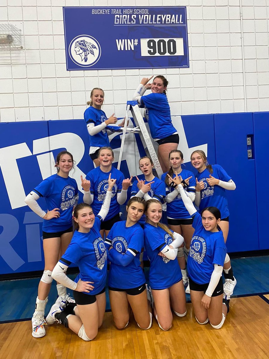 TrailVolleyball's tweet photo. Buckeye Trail remains perfect on the season and earned the program’s 900th win! The Warriors knocked off Caldwell to improve to 10-0. Josie Creighton and Kaydence Starr climbed the ladder to proudly update the all time win board! What a day for our program! 🏐💙 #MakingHistory https://t.co/O9bch2MGWo