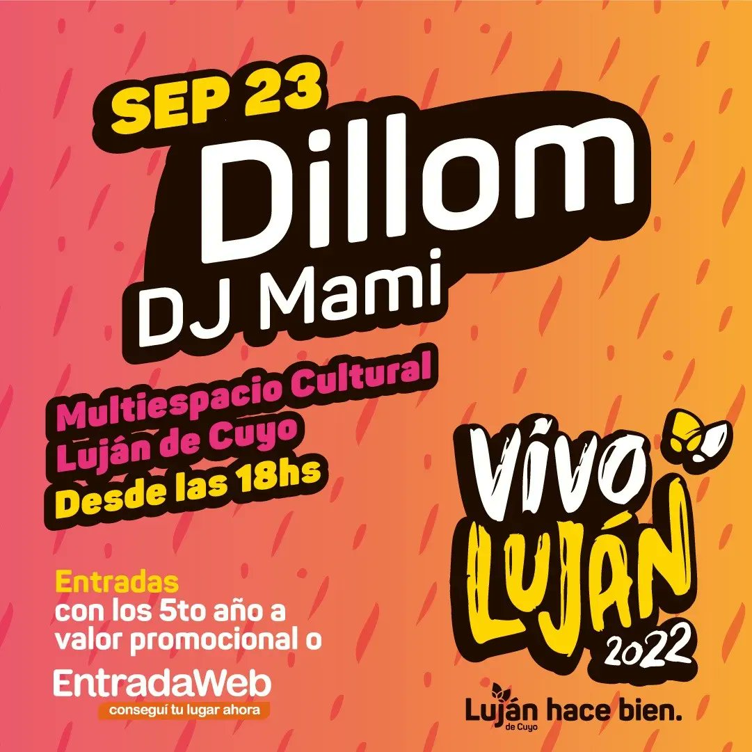 MuniLujanDeCuyo's tweet photo. Vivo Luján 2022 🌺🎉.
Falta muy poco para celebrar el Mes de la Juventud en el #MCLC 💥.
Recordá sacar tus entradas con anticipación mediante los chicos de 5to de colegios secundarios o @EntradaWeb 🎟.
Te esperamos este 23 y 24 de Septiembre ✨️.
#MesDeLaJuventud https://t.co/NI06HMjsKK