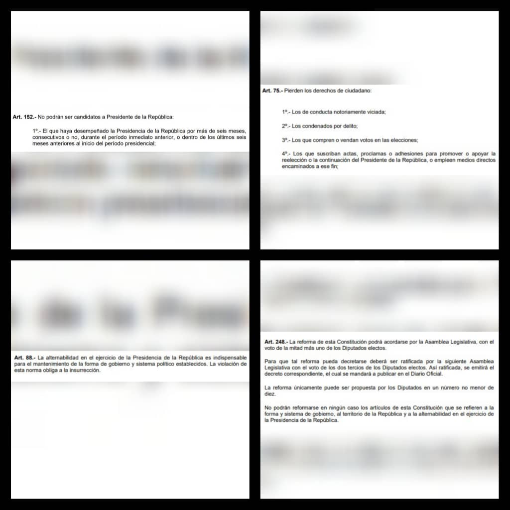 patriciajaniot's tweet photo. No se está discutiendo si Bukele es popular o no. Los salvadoreños lo podrán elegir cuantas veces quieran pero respetando las reglas. En estos 4 artículos la Constitución salvadoreña establece la prohibición de la reelección inmediata. Aquí la Constitución https://t.co/hiVTSXALkD https://t.co/pMtP78NBEf