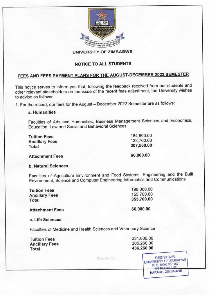 zimlive's tweet photo. #Climbdown Following protests and a public outcry, the University of Zimbabwe has revised fees downward from highs of Z$1 million to a top cap of around Z$436,000. https://t.co/DfTby8e3PQ